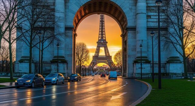 Eiffel Tower View Through Arch During Sunset in Paris, France, High-Resolution Stock Image photo