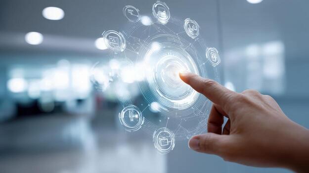 Digital Interface Interaction Hand Touching Virtual Icons on a Modern Glass Surface, Representing Technology and Connectivity photo