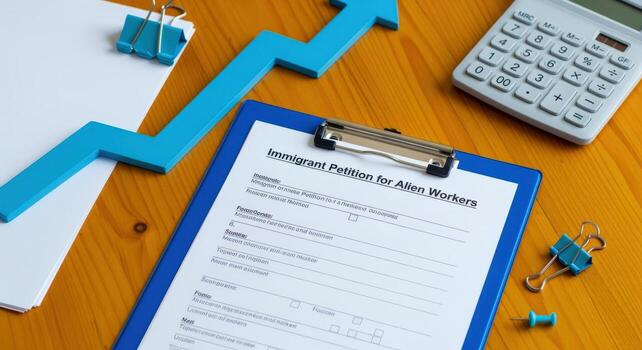Immigrant petition application, alien worker documentation, financial planning growth concept, application form, calculator and blue arrow photo