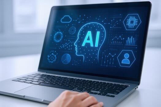 Artificial Intelligence on Laptop Screen Displaying Data Visualization and Persons Hand Near Keyboard photo