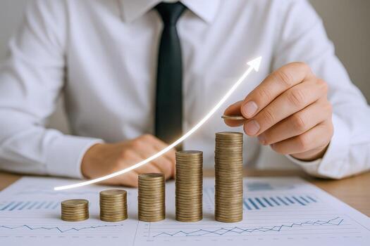 Man Stacking Coins on Financial Report, Symbolizing Investment Growth and Wealth Accumulation with Upward Arrow photo