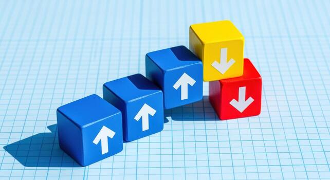 Wooden Blocks Displaying Fluctuating Arrows Signifying Market Dynamics and Economic Trends for Business Concepts photo