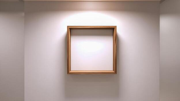 Square Wooden Shelf on White Wall with Soft Lighting - Minimalist Interior Design Element photo