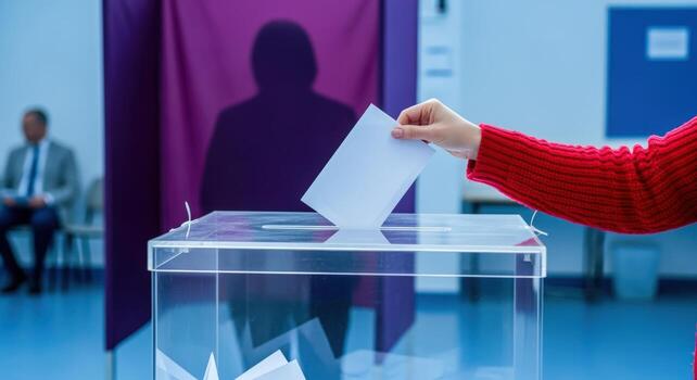 Close-up of a person putting a ballot into a clear ballot box during an election photo