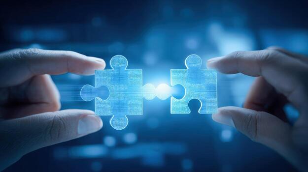 Connecting Puzzle Pieces Hands Joining Abstract Jigsaw Pieces for Collaboration and Problem Solving in Blue photo