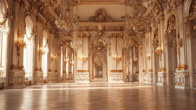 Opulent Ballroom with Intricate Details and Gleaming Chandeliers, Ideal for Events and High-End Functions photo