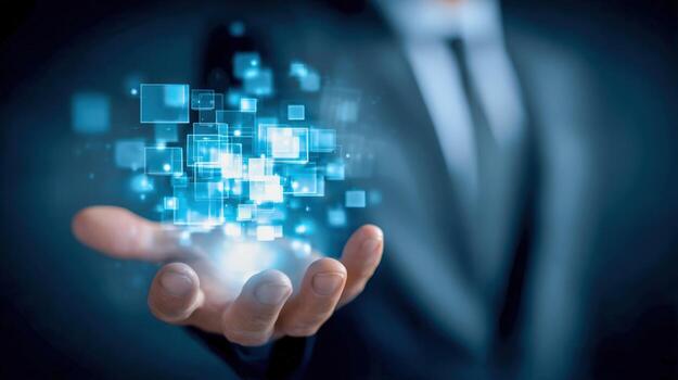 Data Stream in Hand Man Holding Digital Information, Cloud Technology, Data Science Concept photo