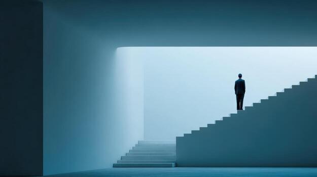 Man Ascending Staircase to Opportunity Business Vision, Ambition, and Success in Minimalist Architecture photo