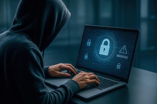 Hooded Figure Hacking System, Digital Security Breach and Cyber Crime Concept on Laptop Computer photo