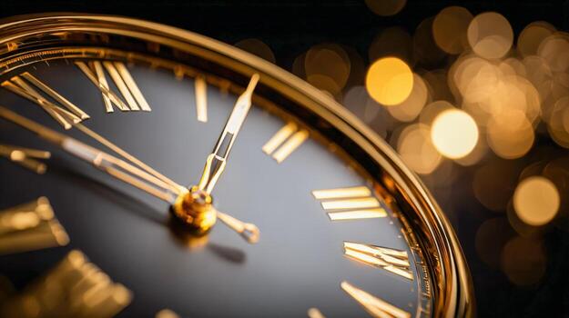 elegante reloj cara con dorado manos calificación hora en contra un borroso bokeh antecedentes foto