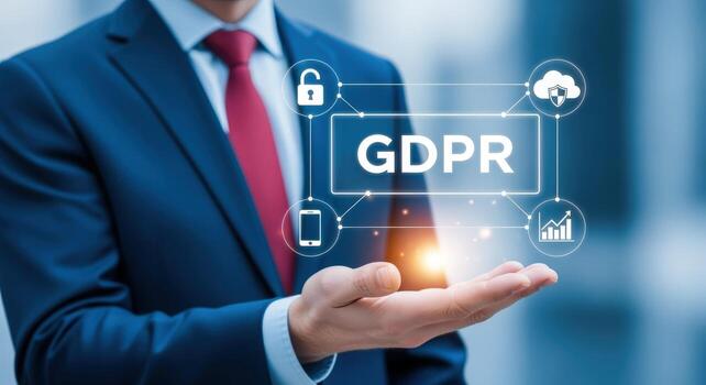 Data Protection Compliance Businessman Presents GDPR Concept with Digital Icons, Representing Security and Privacy photo