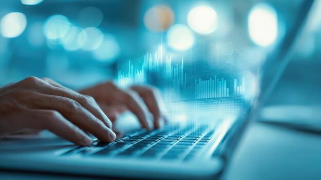 Close-Up of Hands Typing on Laptop with Digital Stock Market Analysis Overlay Depicting Technology and Finance photo