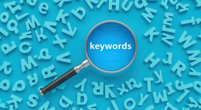 Keyword Search Concept with Magnifying Glass over Letters, Representing SEO, Information Retrieval and Content Strategy photo