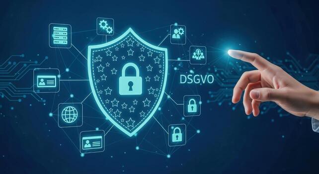 Data Protection and Cybersecurity Shield with Lock Symbolizing DSGVO Compliance, Hand Interacting with Interface photo