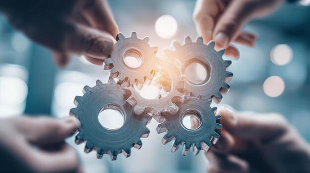 Collaborative Engineering Hands Holding Interlocking Gears Symbolizing Teamwork, Innovation, and Mechanical Processes for Business Success photo