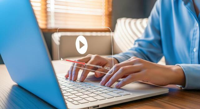 Hands Typing on Laptop with Playback Overlay, Business, and Communication Concept photo