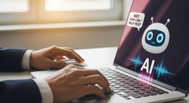 AI Chatbot Assistant on Laptop Screen Displayed by Mans Hands in Office Setting photo