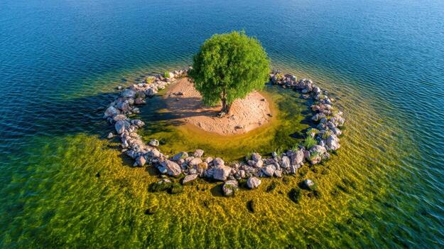 Solitary Tree on Tiny Island Surrounded by Rocks in Clear Blue Water Aerial View photo
