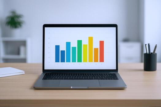Laptop Displaying Colorful Bar Graph on Desk for Business Analytics and Data Visualization photo