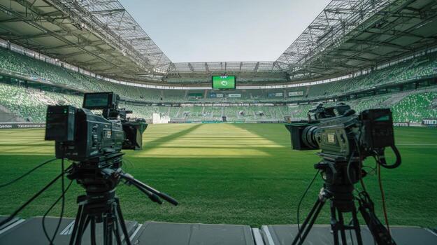 Broadcast Cameras Positioned in Large Stadium Ready for Live Event Coverage photo