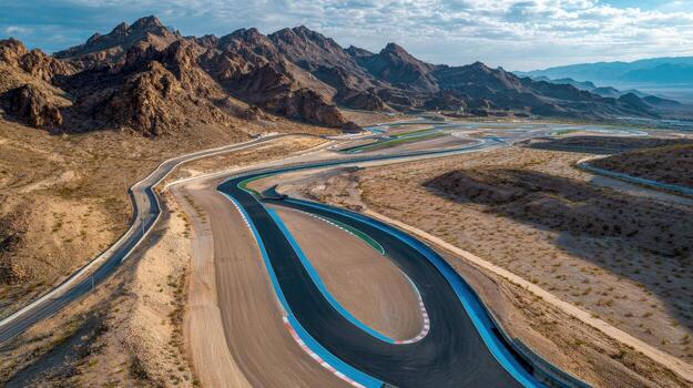Aerial View of a Desert Racetrack with Mountains in the Background, Showcasing Motorsport Infrastructure and Arid Landscape photo