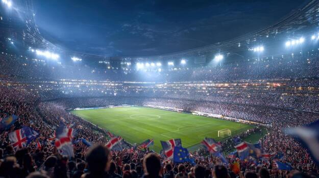 Illuminated Stadium with Cheering Crowd and Green Field Ready for Night Sporting Event photo