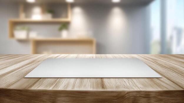 Wooden Table with Blank Space and Blurred Background, Ideal for Product Mockups and Displays photo
