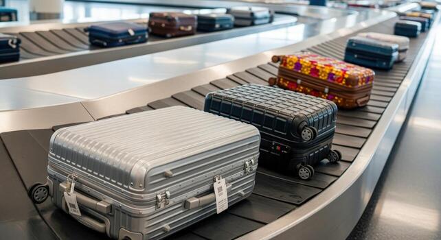 Suitcases on Airport Baggage Claim Conveyor Belt System Arrival and Luggage Handling in Terminal photo