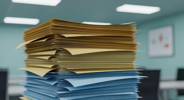 Stack of Documents in an Office Setting, Illustrating Overwork, Bureaucracy, and Paperwork Challenges photo