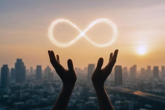 Infinity Symbol Above Cityscape Held in Open Hands Concept of Limitless Possibilities and Future photo