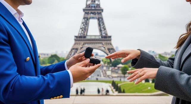 Romantic Paris Proposal Man Offering Engagement Ring with Eiffel Tower in Background, Celebrating Love and Commitment photo