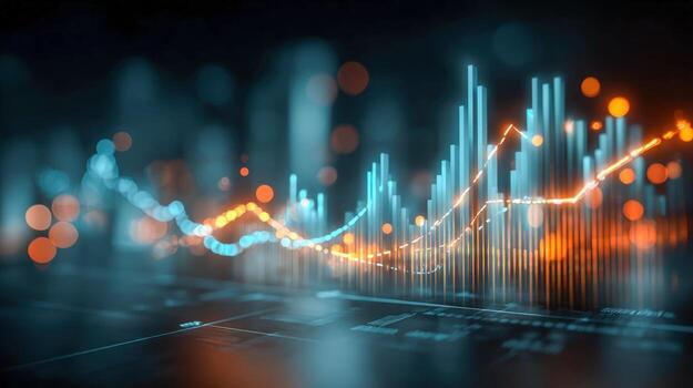 Abstract Financial Graph with Rising Trend Lines and Bars Representing Data Analysis in Blue and Orange photo