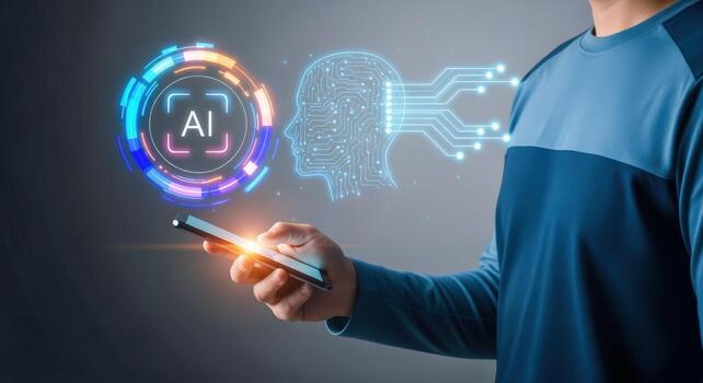 Artificial Intelligence Interface Concept Man Holding Phone with AI Technology Integration, Representing Digital Transformation and Machine Learning photo
