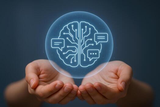 manos presentación holográfico cerebro con habla burbujas artificial inteligencia concepto y moderno tecnología foto