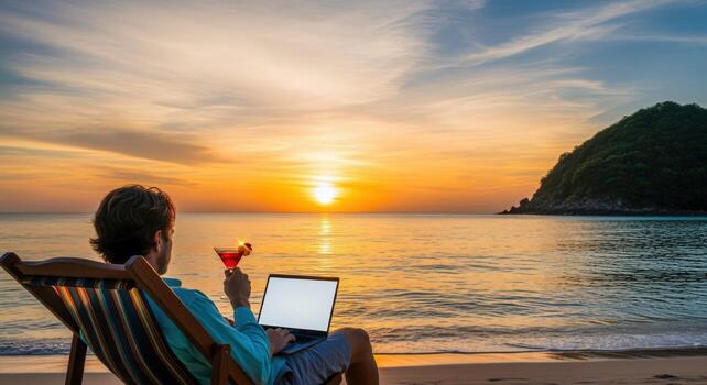 Man Relaxing on Beach with Laptop at Sunset Remote Work and Digital Nomad Lifestyle photo