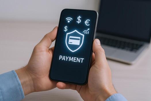 Secure Mobile Payment Man Holding Smartphone with Digital Transaction Security Shield, E-commerce and Finance photo