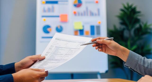 Analyzing Financial Data Business Professionals Reviewing Documents and Charts for Strategic Decision-Making in the Office photo