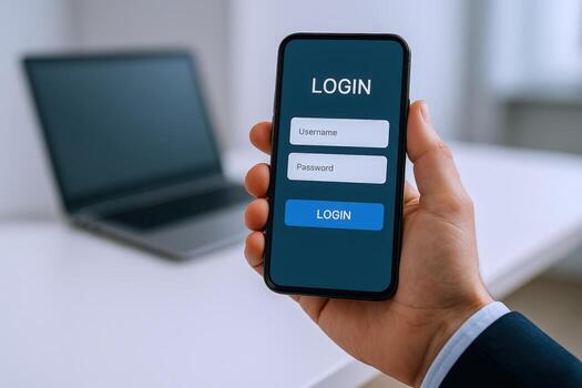 Login Screen on Smartphone in Hand with Laptop, Digital Security Concept for Online Access photo