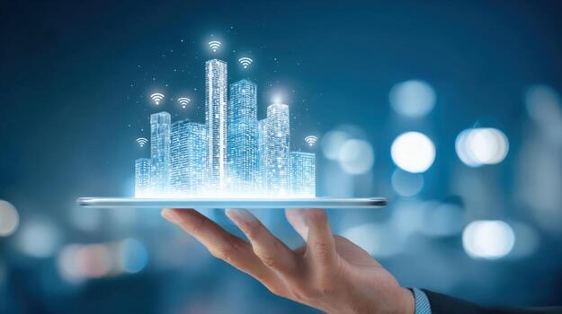 Smart City Digitalization Concept Hand Holding Tablet Displaying a Futuristic Cityscape with Wireless Connectivity photo