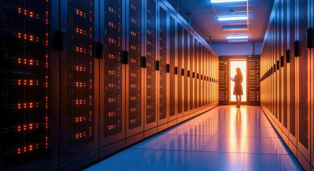 Data Center Corridor with Server Racks and Woman Silhouette, Representing Technology and Information Security photo