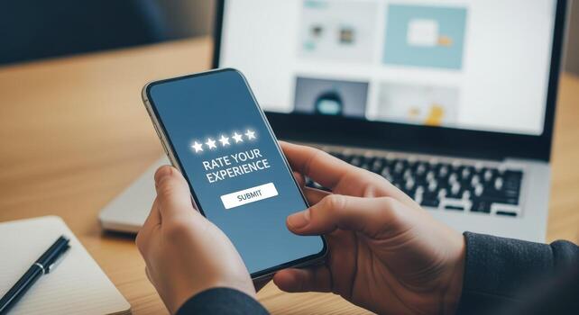 cliente realimentación mano participación teléfono inteligente mostrando clasificación interfaz con cinco estrellas y enviar botón en madera superficie foto