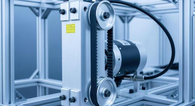 industrial automatización sistema detalle precisión cinturón conducir mecanismo con motor y aluminio marco, Ingenieria y robótica foto