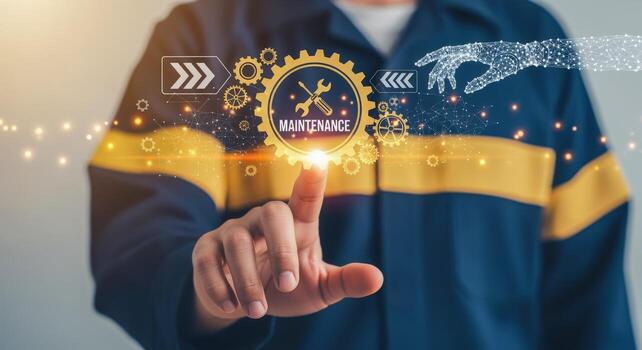 Maintenance Technician Interacting with a Holographic Interface Displaying Maintenance Icons and Gear Mechanisms for Workflow Automation photo