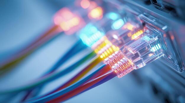 Network Cables Connected to a Server High-Speed Data Transmission and Connectivity Infrastructure photo
