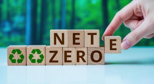 Net Zero Concept Wooden Blocks Spelling Net Zero with Recycle Symbol, Hand Placing Block photo