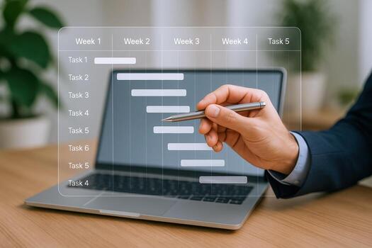 Project Timeline Planning on Laptop Screen with Hand Holding Pen, Business Management and Scheduling photo