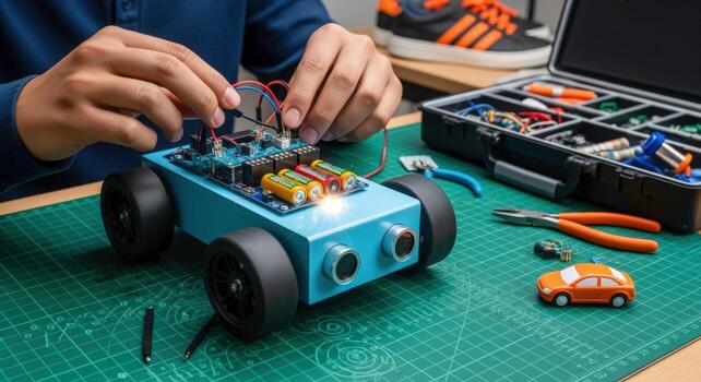 Assembling a Robotics Project Close-up of Hands Wiring a DIY Electronic Car on a Work Surface photo