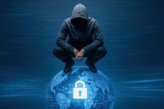 Hacker Silhouette on Globe with Padlock Cybersecurity Threat Illustration for Digital Security photo