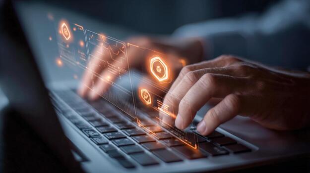Close-up of hands typing on laptop with digital interface, modern technology concept, cyber security photo