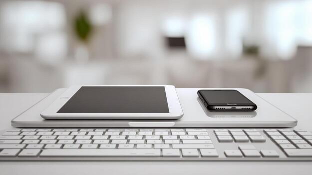 Minimalist Workspace Featuring Tablet, Mobile Phone, and Keyboard on a White Desk photo